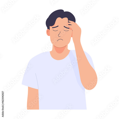 Vector illustration of a man with serious, tense, stressed expression. Worried, stressed mood. Isolated on white background.