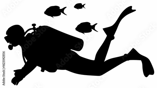 Silhouette of scuba diver with oxygen tank and fins swimming with three fish in the ocean water scene