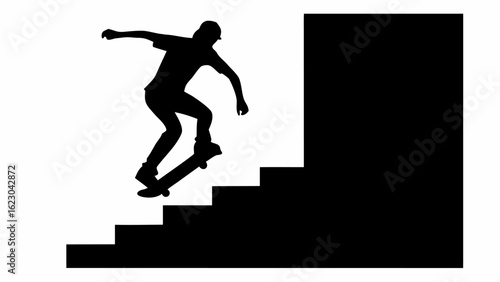 Silhouette of skateboarder performing a trick down a set of stairs in black and white illustration