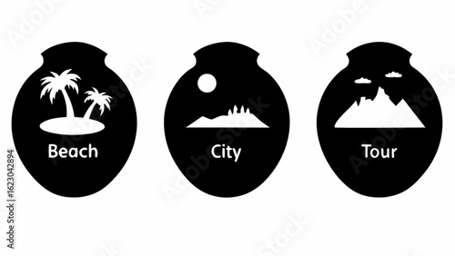 Illustrations of beach city and tour icons inside black circular shapes representing different travel options