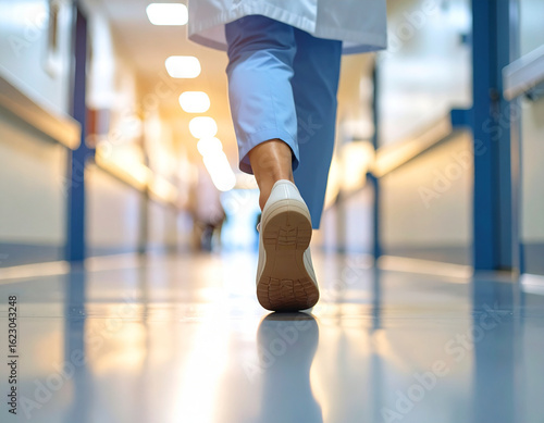 A nurse walks down the hospital hallway, only her feet visible.