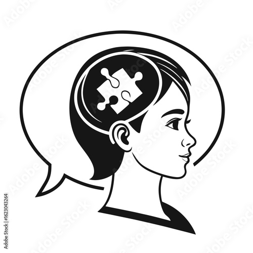 Symbolic illustration of the human mind, showing a puzzle piece inside a head silhouette, all contained within a chat bubble.