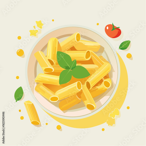 Delicious pasta dish illustration with fresh basil and vibrant tomato garnish art