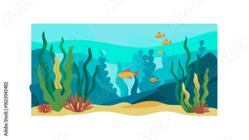 Underwater world with fish, coral and algae in the ocean, a colorful marine life scene with aquatic animals and plants, isolated on white background