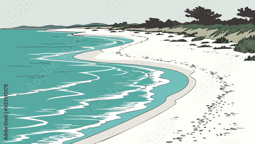 Seascape illustration of a tranquil beach with gentle waves lapping the shore, showcasing a serene coastal landscape and minimalist artistic style