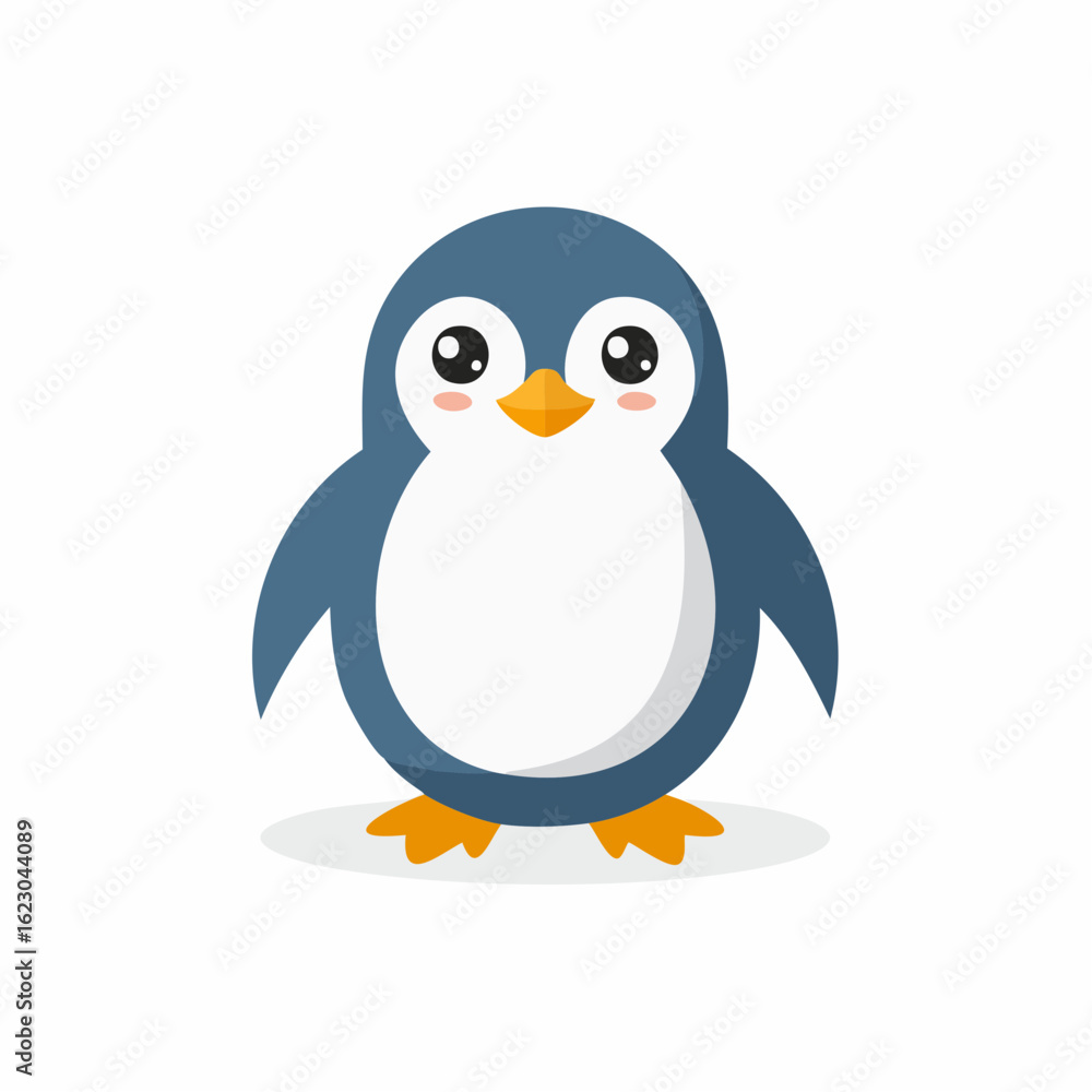 Fototapeta premium Adorable penguin cartoon character standing on a white background, simple and cute