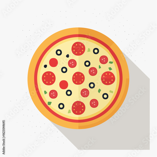 Appetizing pizza with pepperoni, olives, and herbs on a light background with shadow