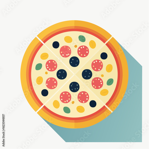 Flat lay illustration of a delicious pizza with colorful toppings and a shadow