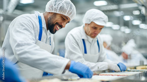 Two workers in sterile clothing inspect food on a conveyor belt in a food processing facility line