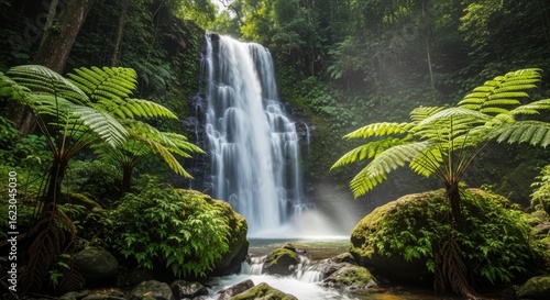 Tropical Waterfall Surrounded by Lush Greenery