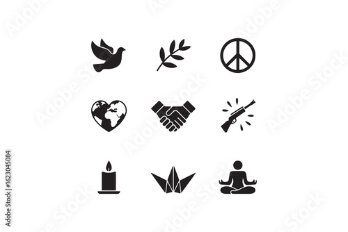 Peace and Harmony Icon Set Black Anti War and Peace Symbol Collection