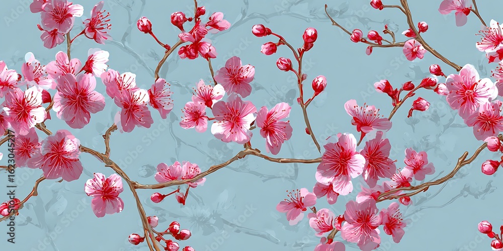Naklejka premium Delicate pink cherry blossoms bloom on branches against a soft blue background