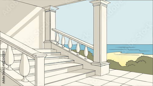 Architectural drawing of a building with stairs and columns overlooking the sea, capturing the essence of coastal scenery and summer travel