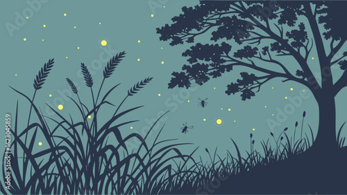 A serene night scene unfolds with fireflies illuminating a field of wheat, silhouetted against a backdrop of trees, evoking a sense of tranquility and magic
