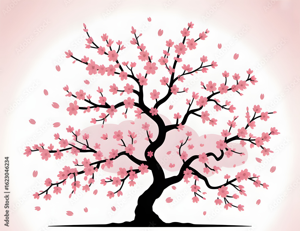 Fototapeta premium Silhouette of a Blooming Cherry Tree with Falling Pink Petals