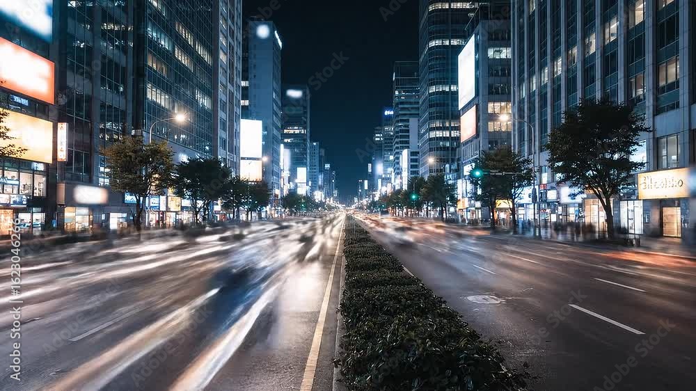 Busy Traffic on Urban Streets, Vibrant Lights, Modern Architecture Busy Traffic on Urban Streets, Vibrant Lights, Modern Architecture