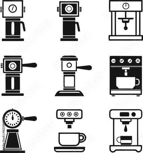 Espresso, machine, icon, set, coffee, maker, silhouette, vector, black, isolated, illustration, design, barista, equipment, cafe