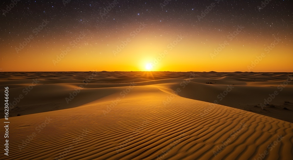 Fototapeta premium Sunset in the desert with golden sand dunes, transitioning into a starry night sky, serene and breathtaking landscape, concept of nature’s beauty, solitude, and peaceful contemplation.