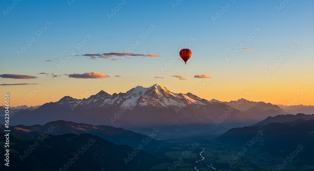 Hot air balloon flight over a mountainous landscape at dawn, with a clear blue sky and golden light illuminating the peaks, serene and breathtaking aerial view, concept of adventure, travel, and natur Hot air balloon flight over a mountainous landscape at dawn, with a clear blue sky and golden light illuminating the peaks, serene and breathtaking aerial view, concept of adventure, travel, and natur