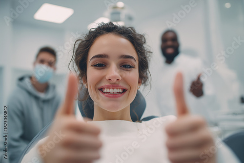 Young woman smiling with thumbs up in dental chair with dentist and assistant blurred in background image