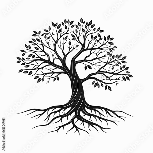Silhouette of a mighty tree with a lush canopy and an extensive, visible root system. Black and white vector icon symbolizing growth and life.