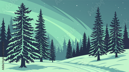 A serene winter landscape with snowcovered pine trees under a mesmerizing aurora borealis, creating a magical and peaceful scene in the forest