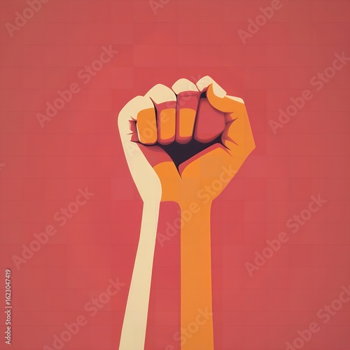 A raised fist in a stylized illustration against a red background with a strong sense of power