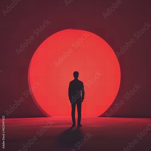 Silhouette of a person standing in front of a large red circle against a red background wall
