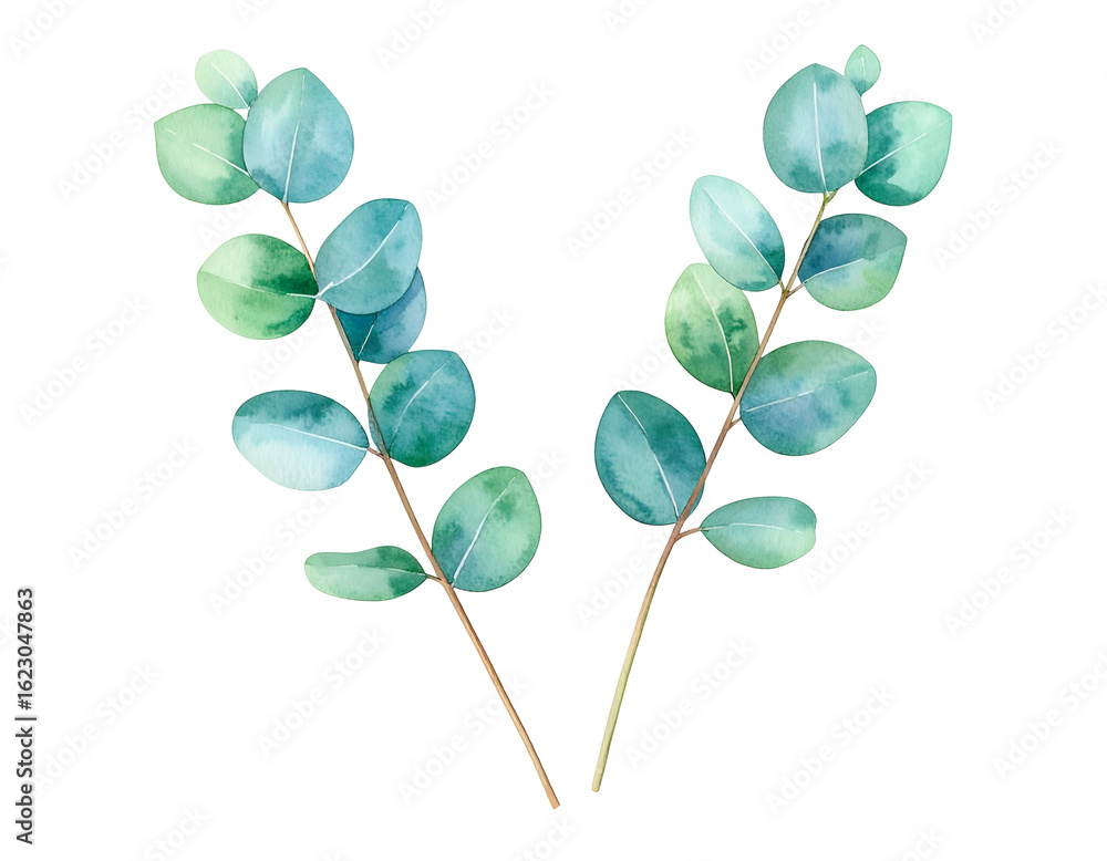 Fototapeta premium Elegant eucalyptus branches painted with watercolor, perfect for delicate designs and botanical themes, creating a refreshing, natural aesthetic
