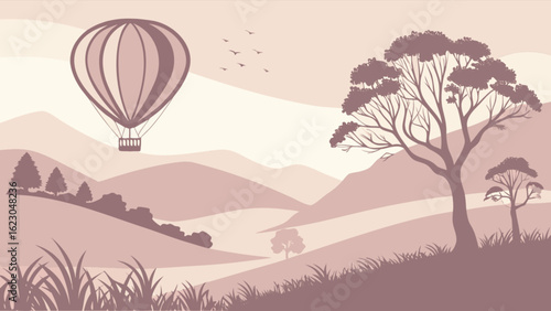 A scenic landscape illustration featuring a hot air balloon flying over mountains and hills, with trees and birds silhouetted against the sky