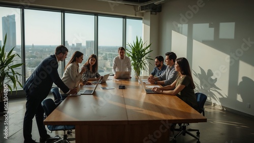 Business Team Meeting in Modern Office with City View and Sunlight