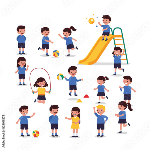 Cartoon children playing various games on a playground, enjoying outdoor activities.