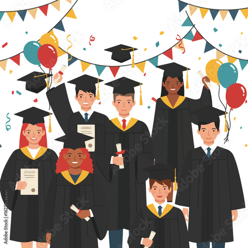 Diverse group of graduates celebrating their graduation with diplomas and caps in the air.