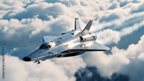 Sleek, advanced silver aircraft with futuristic design soars gracefully through a bright blue sky amidst fluffy clouds.