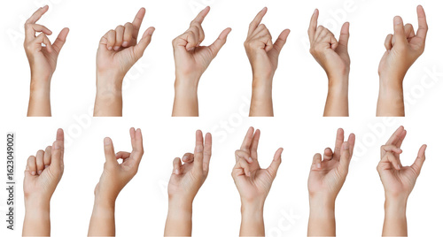 Group of Male asian hand gestures isolated over the white background. Grab small thing action.
