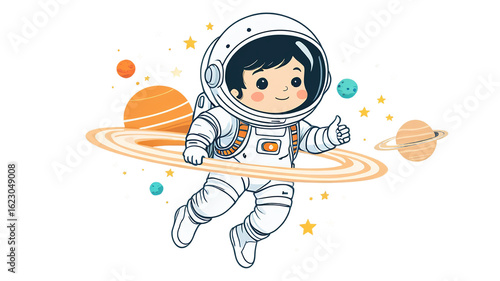 Cute cartoon astronaut boy floating in space with planets and stars silhouette isolated on transparent background