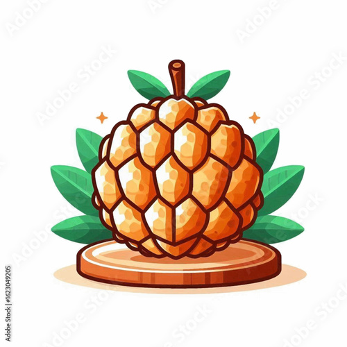 A stylized illustration of a golden custard apple fruit resting on a pedestal with green leaves.