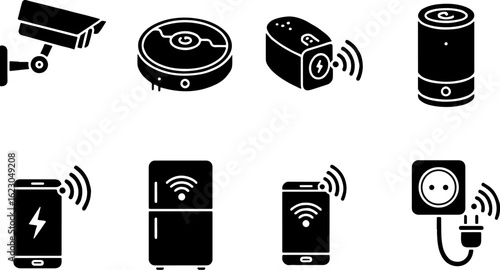 Vector art of smart home device icons with wifi signal, isolated on white background