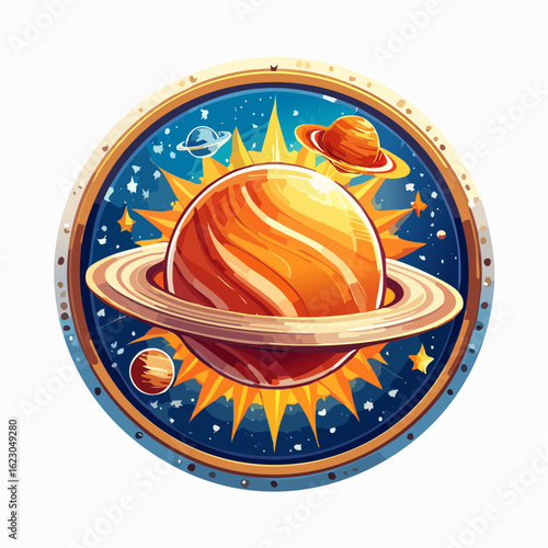 Whimsical Saturn Illustration in a Circular Cosmic Design with Rings and Other Planets