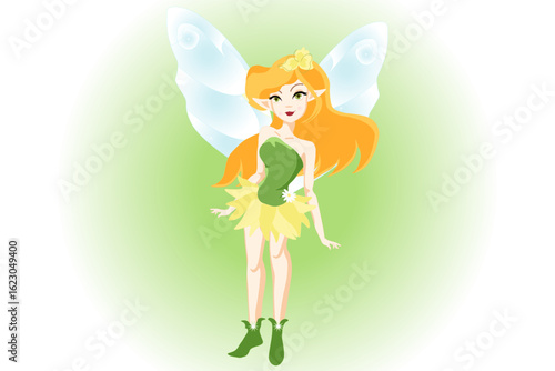 Girl fairy of nature stands on green background in grass petal top and flower petal skirt