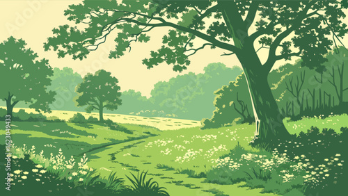 A serene green landscape with a winding path through a meadow, showcasing the beauty of nature and the peacefulness of the countryside, perfect for a tranquil escape