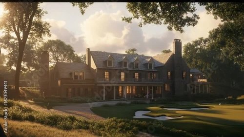 Elegant clubhouse on golf course at sunset