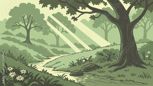 A serene forest landscape with sunlight streaming through the trees, a winding river, and lush greenery, creating a peaceful and inviting scene