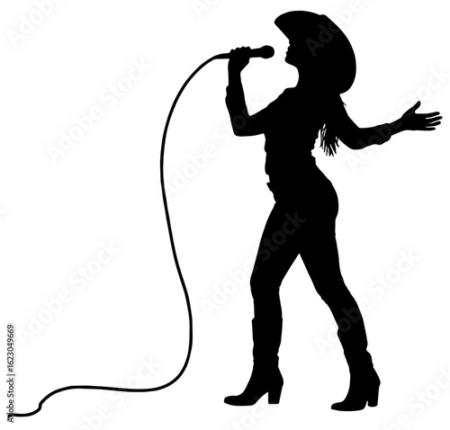 Silhouette of a female country western singer singing into a microphone, isolated 
