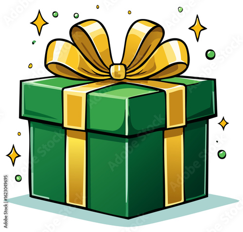 Green gift box with gold bow and ribbon and gold and green accents