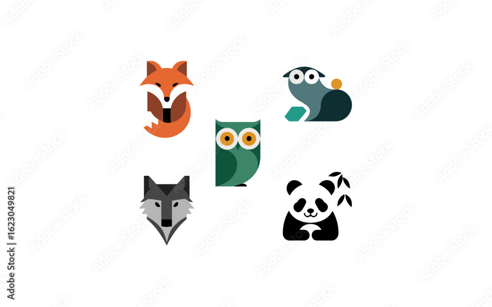 Fototapeta premium Minimalist animal logos fox owl wolf bird vector