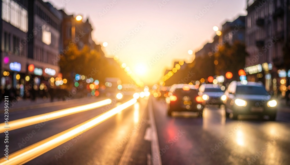 Golden Hour Rush: Abstract Cityscape with Light Trails and Bokeh Golden Hour Rush: Abstract Cityscape with Light Trails and Bokeh
