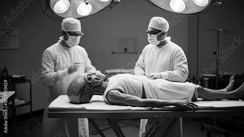 Two masked medical professionals meticulously examine a mysterious non-human specimen in a vintage surgical theater.