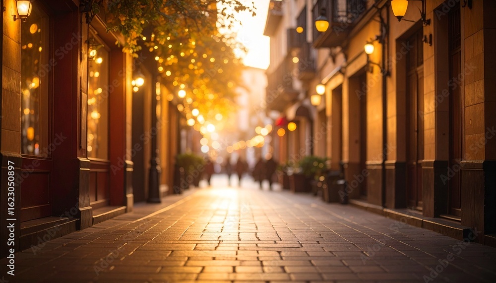 Fototapeta premium Golden Light Floods a Cobblestone Alley with Warm Bokeh and Evening Ambiance