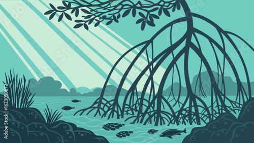 Mangrove trees with roots in the water, a coastal landscape with sunlight rays, fish swimming, and a serene tropical environment for travel and exploration